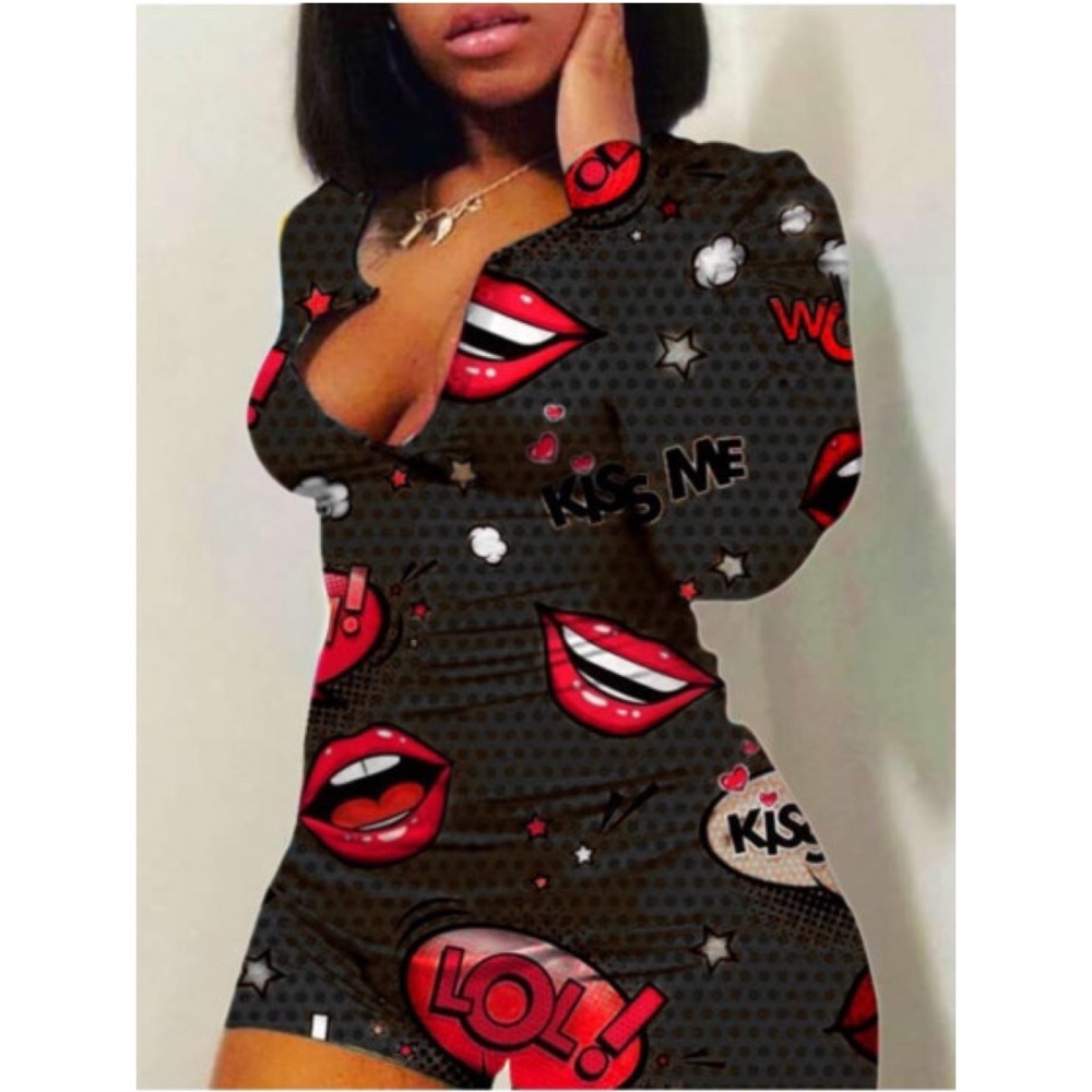 Lip Print Black One Piece Romper